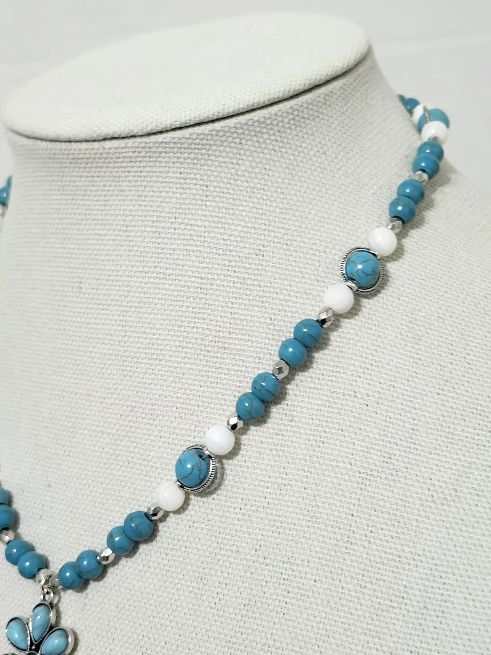 Blue Stone Bead Necklace & Earring Set Floral Shell Statememt Handmade New